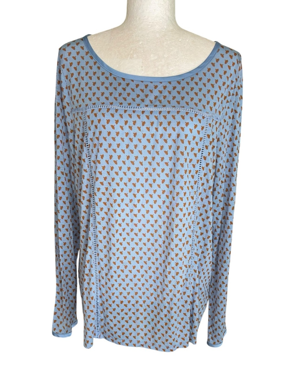 LN Boden Claudia Ladder Stitch Light Blue & Brown Floral Print Top / Tee - 12